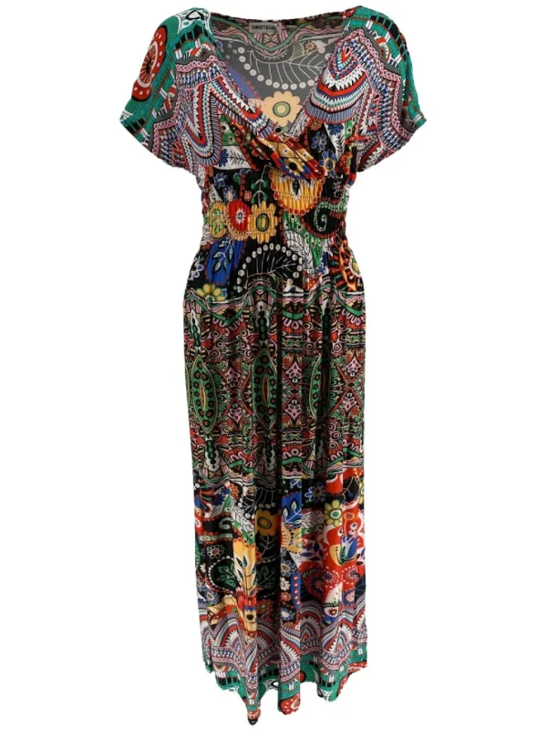 Lange travelstof jurk met smock in de taille kaleidoscoop zwart (J-77#)