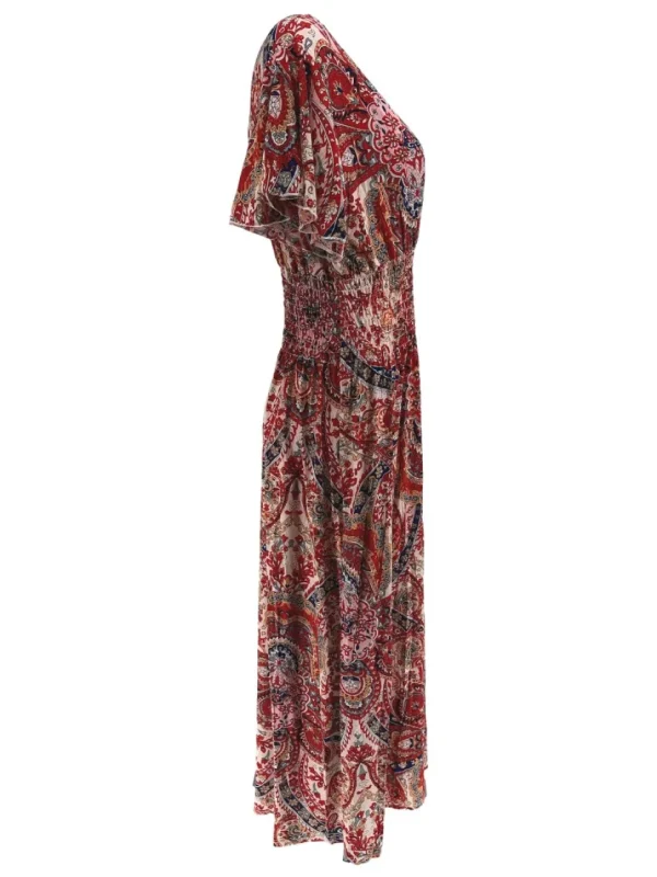 Lange travelstof jurk met volant mouw Paisley rood (JS26)