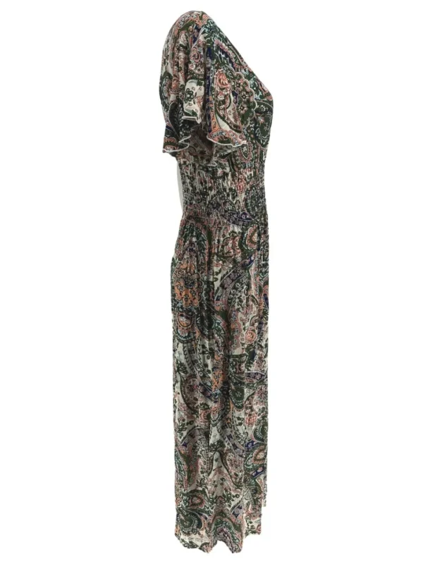 Lange travelstof jurk met volant mouw Paisley creme (JS26)
