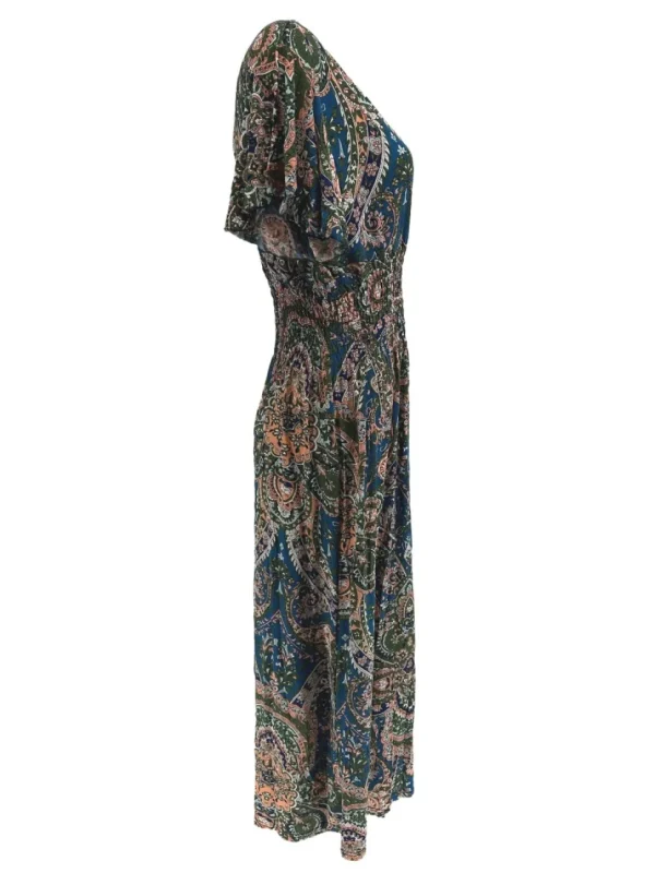 Lange travelstof jurk met volant mouw Paisley petrol (JS26)