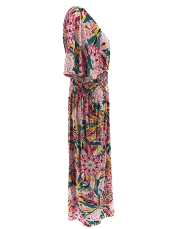 Lange travelstof jurk met korte mouw Dahlia licht roze (JS3080)