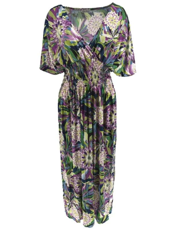 Lange travelstof jurk met korte mouw Dahlia paars (JS3080)