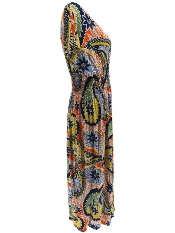 Lange travelstof jurk met smock in de taille varens donker blauw (JS3176)