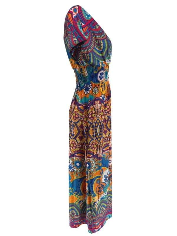 Lange travelstof jurk met smock in de taille kaleidoscoop oranje (J-77#)
