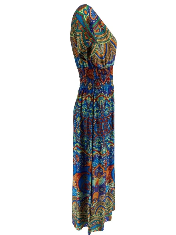 Lange travelstof jurk met smock in de taille kaleidoscoop blauw (J-77#)