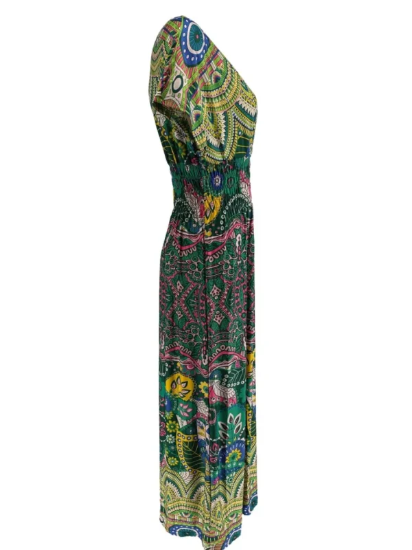 Lange travelstof jurk met smock in de taille kaleidoscoop groen (J-77#)