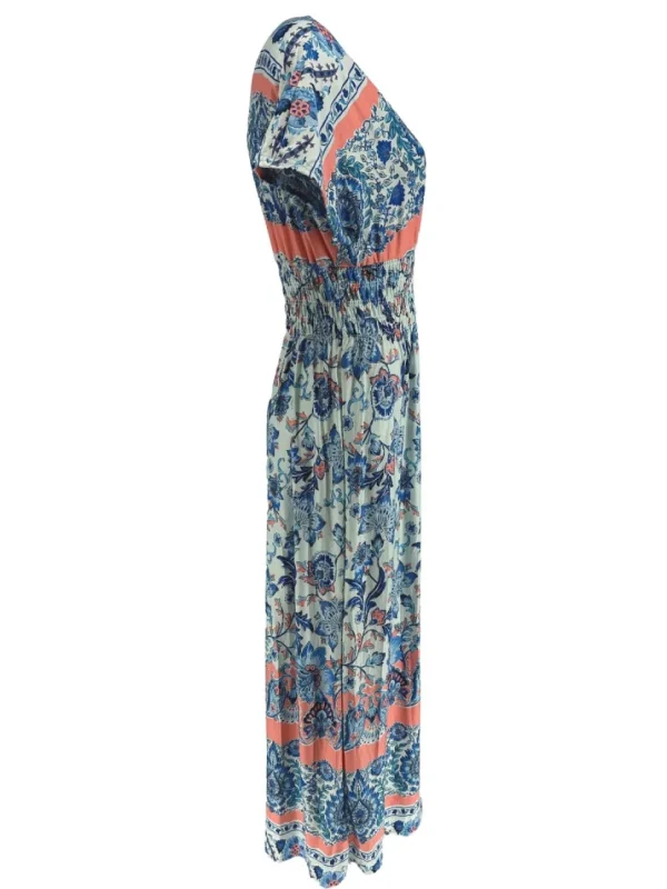 Lange travelstof jurk met smock in de taille Floral blauw (J-81#)