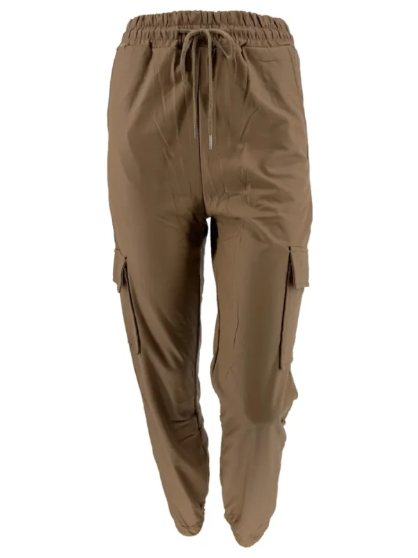 Leather-look cargo broek met koord camel (9622). SALE