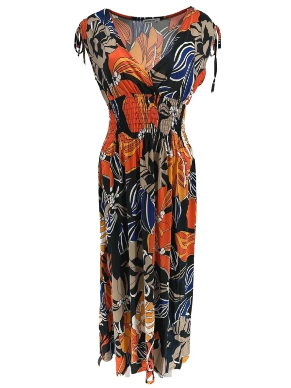 Mouwloze travelstof jurk Hibiscus zwart (Y1035)