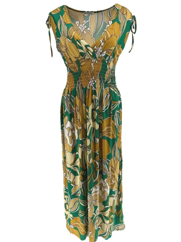 Mouwloze travelstof jurk Hibiscus groen (Y1035)