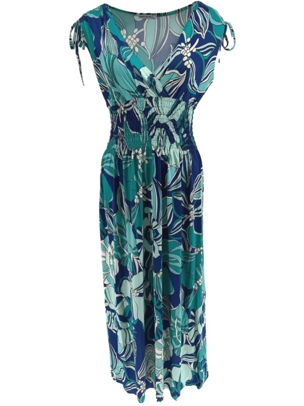 Mouwloze travelstof jurk Hibiscus blauw (Y1035)