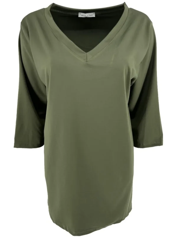 Oversized basic travel shirt met V-hals en 3/4 mouw army. SALE