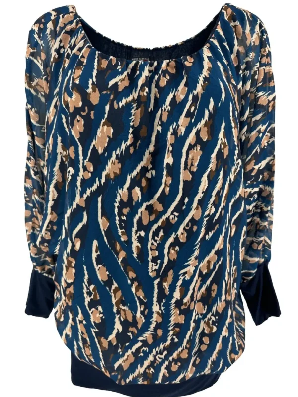 PLUS Blouse brede boord lange mouw Iris striped animal donker blauw