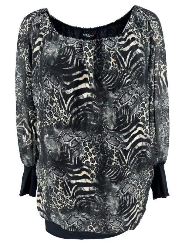 PLUS Blouse brede boord lange mouw Iris snake zwart