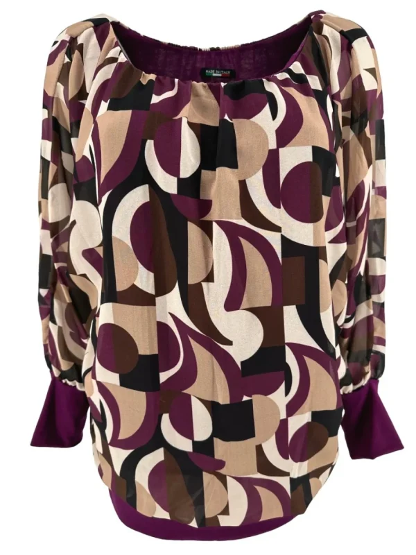 PLUS Blouse brede boord lange mouw Iris abstract paars