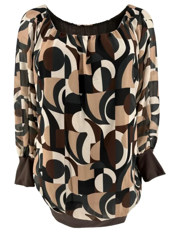 PLUS Blouse brede boord lange mouw Iris abstract bruin