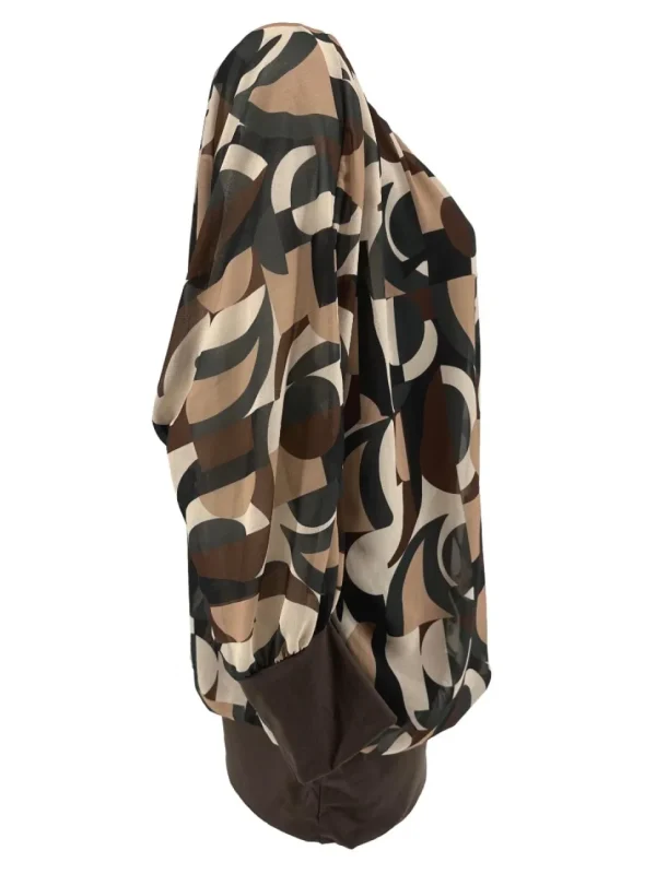 PLUS Blouse brede boord lange mouw Iris abstract bruin