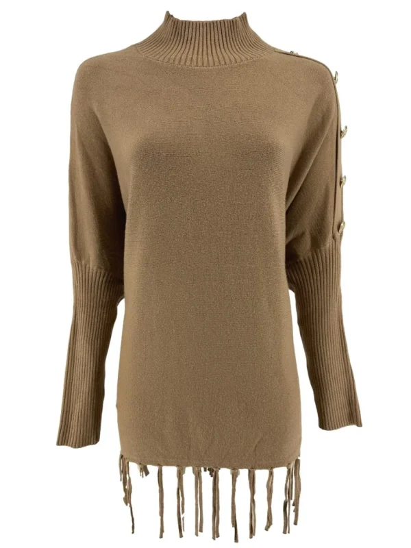Poncho trui met franjes en RONDE knopen op de schouder camel