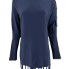 Poncho trui met franjes en RONDE knopen op de schouder donkerblauw