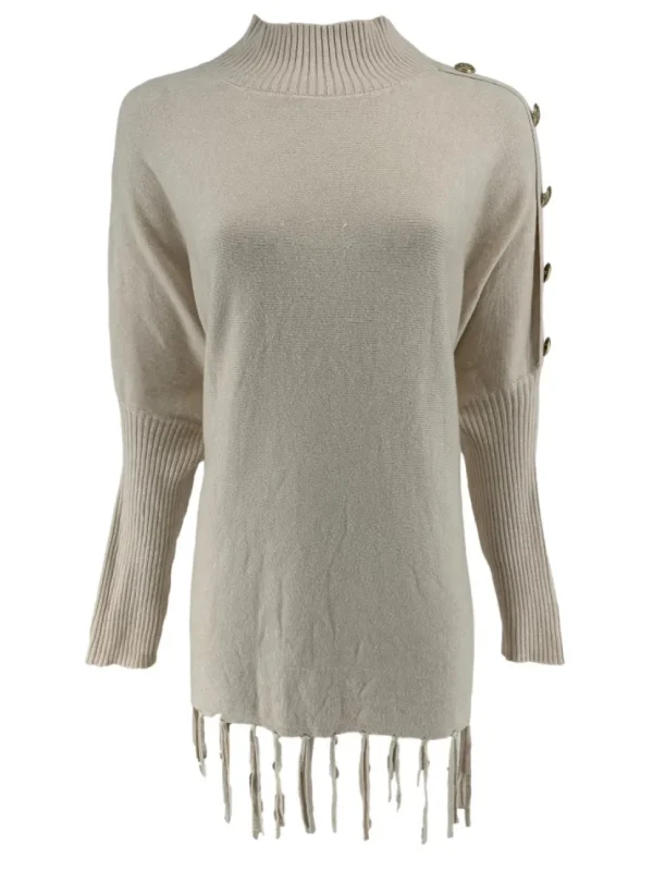 Poncho trui met franjes en RONDE knopen op de schouder creme