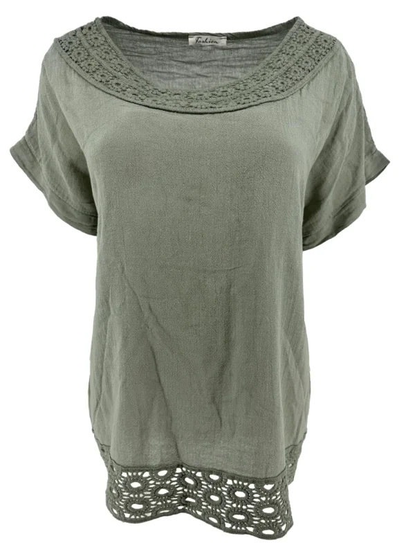 Shirt met gehaakte ronde hals en gehaakt onderzijde Linda army
