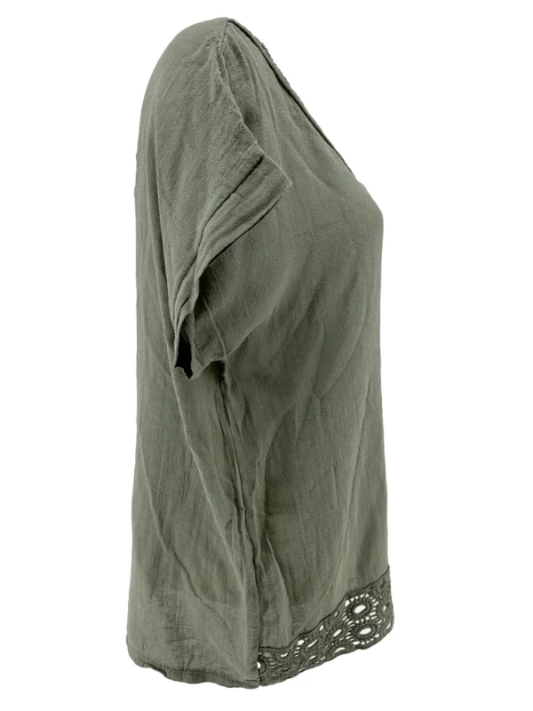 Shirt met gehaakte ronde hals en gehaakt onderzijde Linda army
