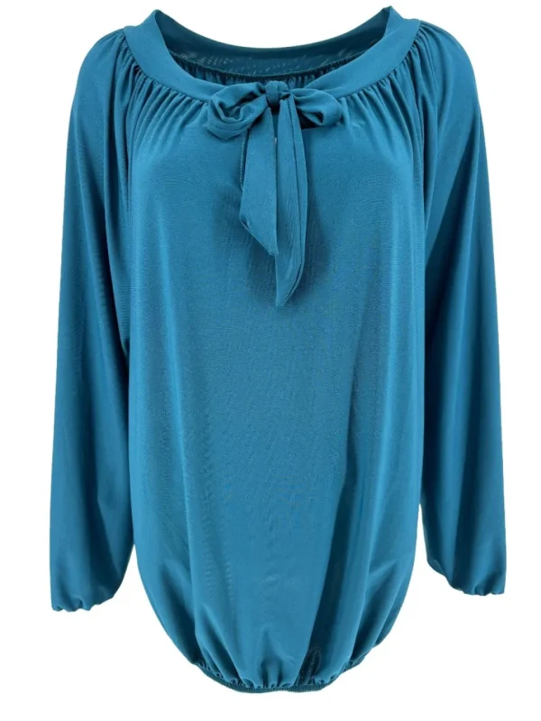 Shirt met lange mouw en strik hals van travelstof Mimi petrol