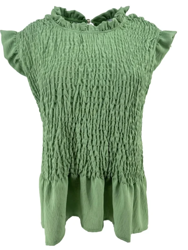 SIZE PLUS top met volant en smock bovenlijf Chanity licht groen (SALE)