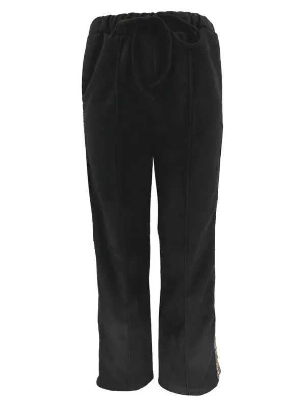 Suedine broek met panterprint bies en naad zwart (SALE)