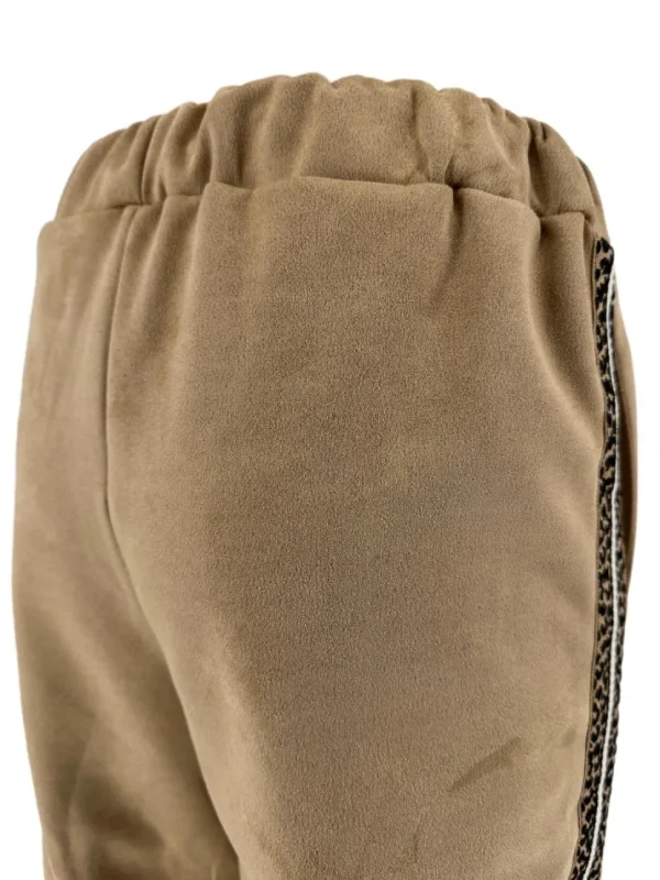 Suedine broek met panterprint bies en naad camel (SALE)