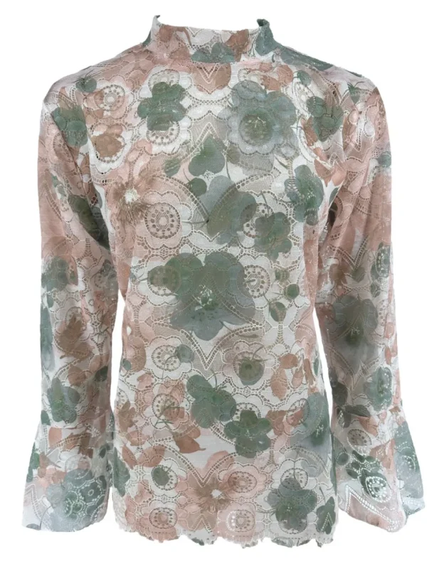 Top van kant met trompet mouw en BLOEMEN army