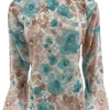 Top van kant met trompet mouw en BLOEMEN turquoise