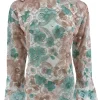 Top van kant met trompet mouw en BLOEMEN mint