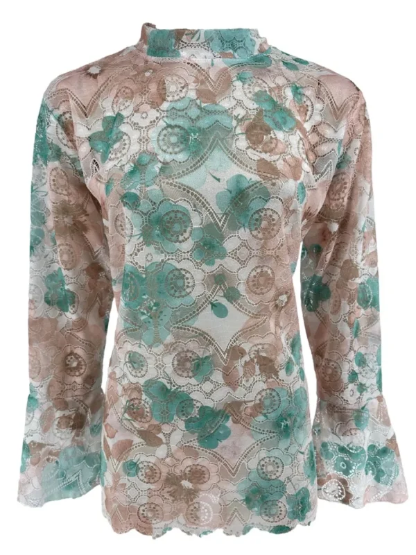 Top van kant met trompet mouw en BLOEMEN mint