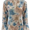 Top van kant met trompet mouw en BLOEMEN licht blauw