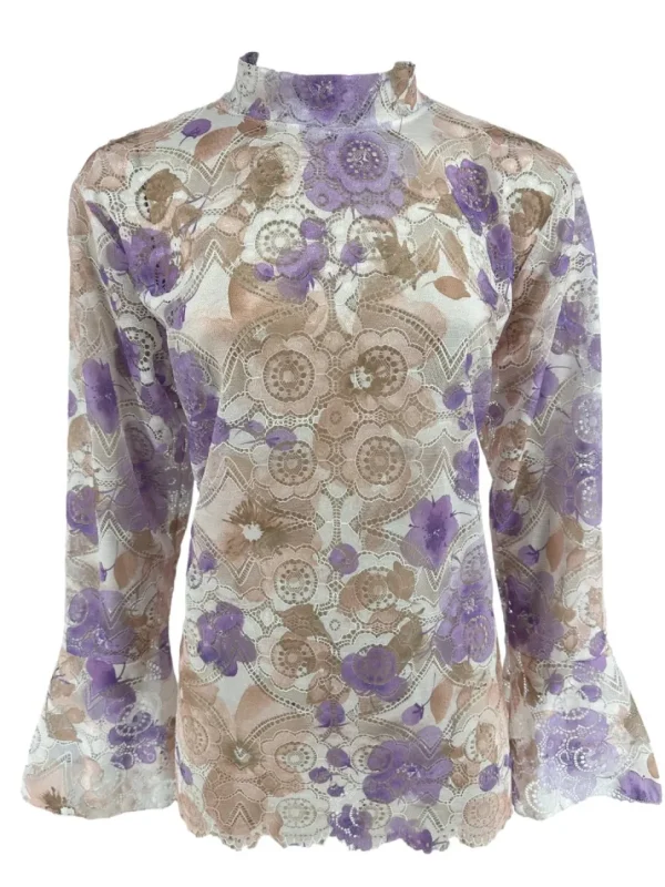 Top van kant met trompet mouw en BLOEMEN lila