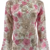 Top van kant met trompet mouw en BLOEMEN roze