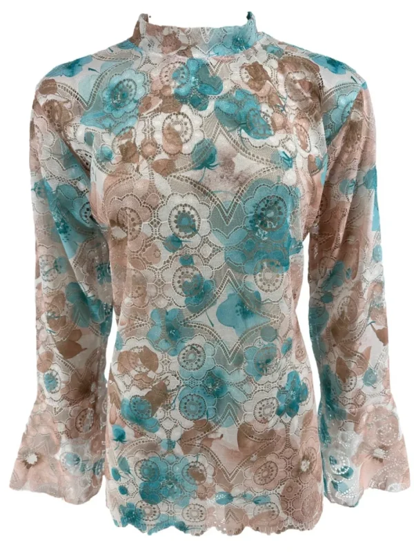 Top van kant met trompet mouw en BLOEMEN turquoise