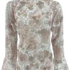Top van kant met trompet mouw en BLOEMEN beige