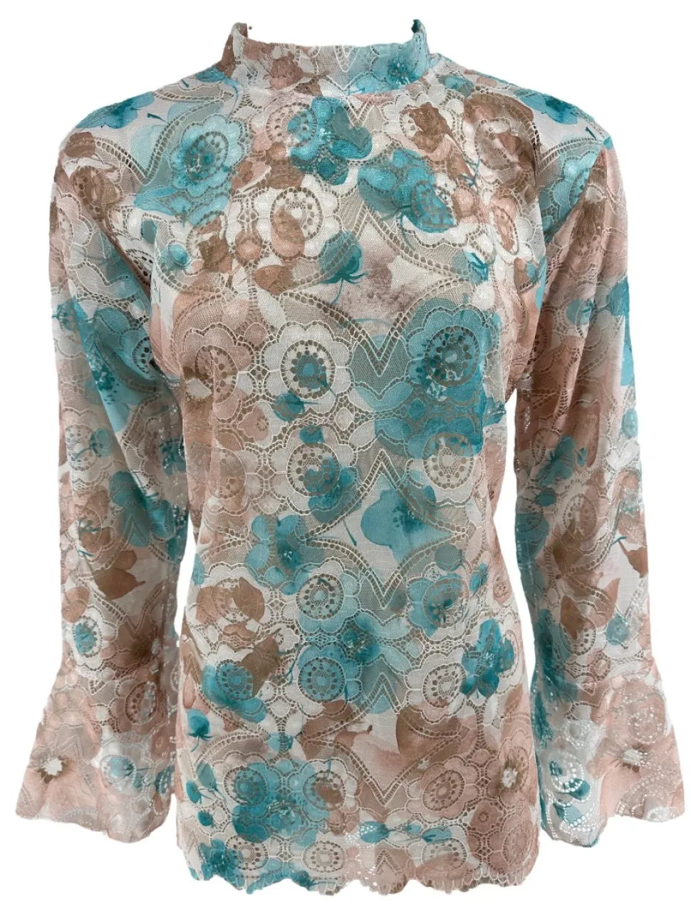 top_van_kant_met_trompet__0.webp Top van kant met trompet mouw en BLOEMEN turquoise