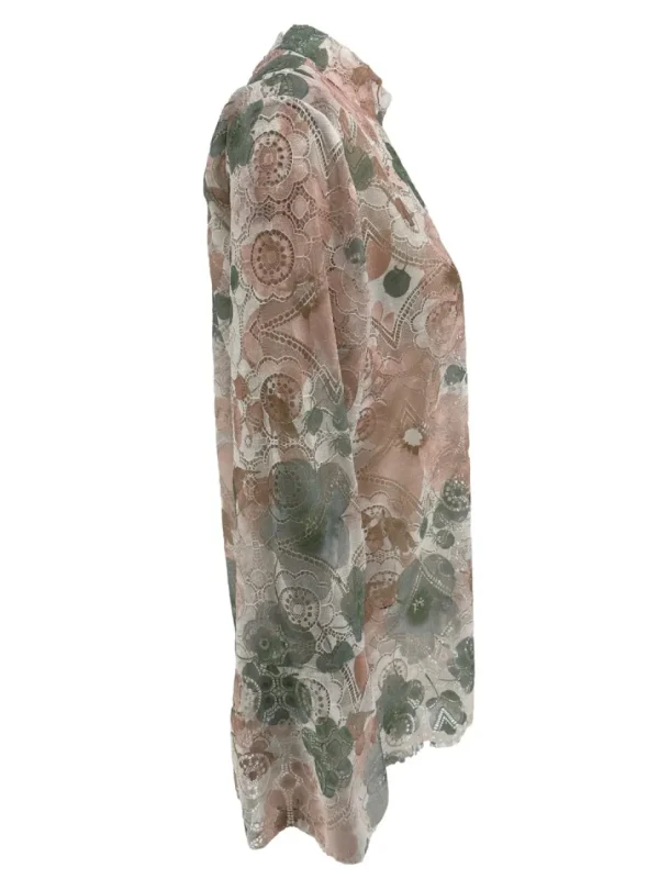 Top van kant met trompet mouw en BLOEMEN army