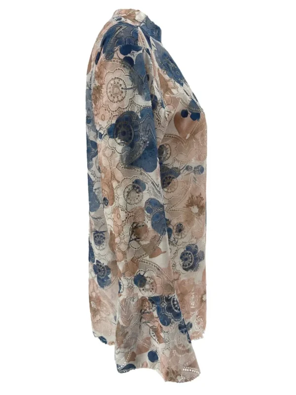 Top van kant met trompet mouw en BLOEMEN jeans blauw