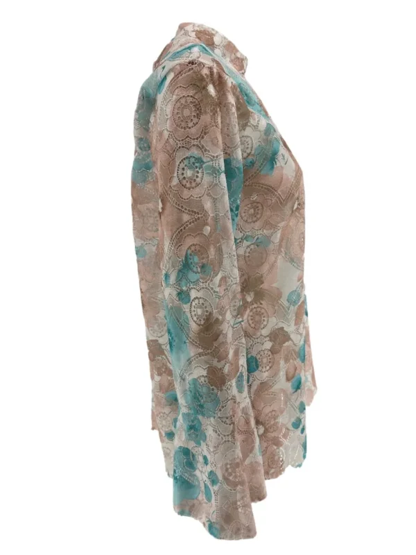 Top van kant met trompet mouw en BLOEMEN turquoise