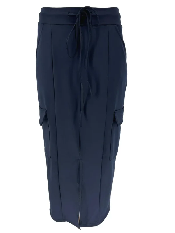 Travelstof rok met koord in de taille en zakjes donker blauw (BFT)