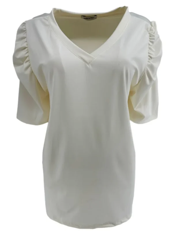 Travelstof shirt met half geplooide mouw Jean beige
