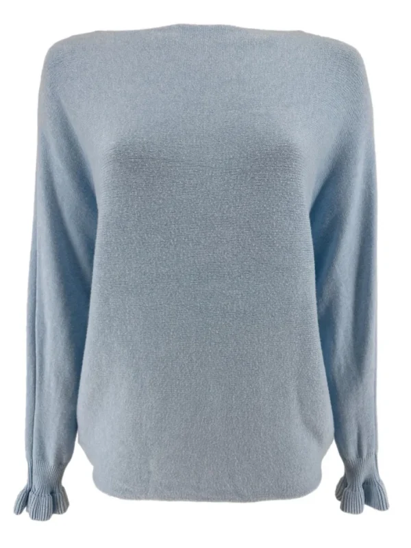 Trui met boothals en vleermuis mouw met volant Hailey licht blauw