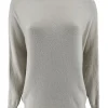 Trui met boothals en vleermuis mouw met volant Hailey beige/creme