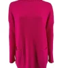 Trui met col en zakjes streep motief fuchsia (JD221373)