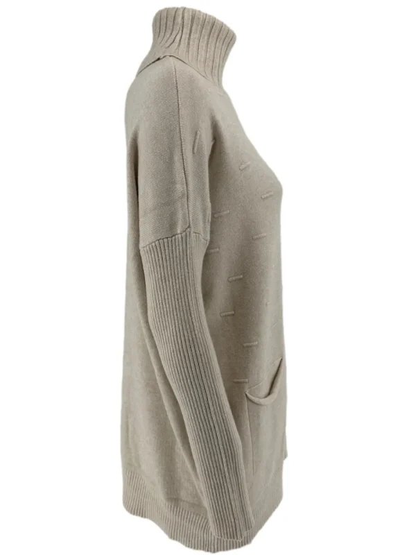 Trui met col en zakjes streep motief beige (JD221373)