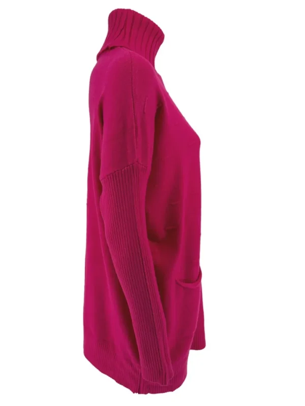 Trui met col en zakjes streep motief fuchsia (JD221373)